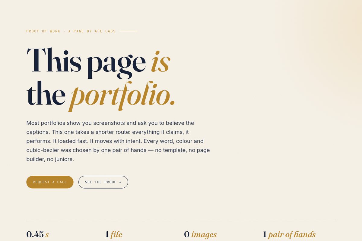 The Craft — 'This page is the portfolio.' hero, with its live-measured load time