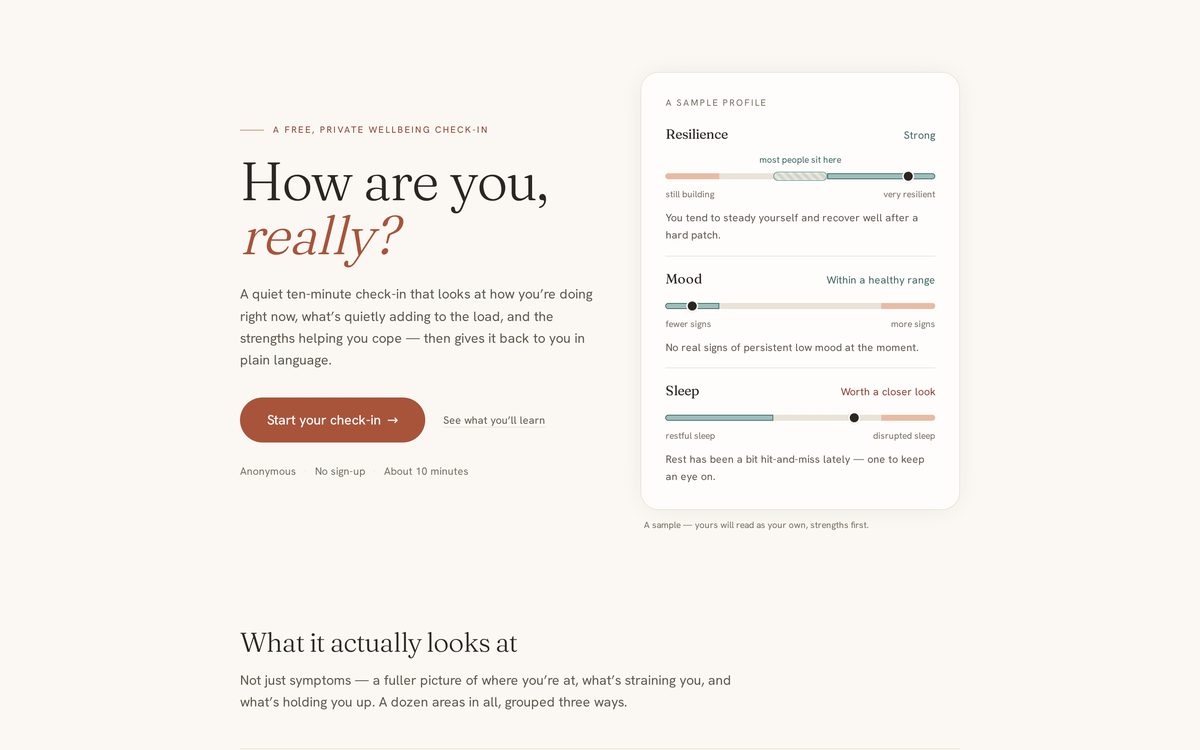 The Mental Health Check-In web app landing page, an Ape Labs R&D product
